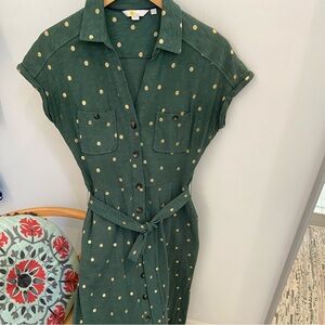 Boden, midi, green jersey dress with gold polka dots, 4